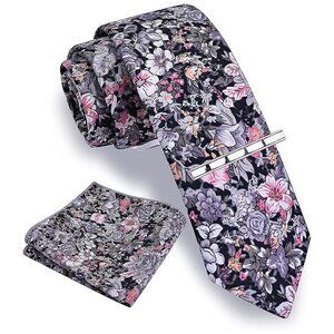Floral Printed Necktie Tie Clip Pocket Square Sets Black Grey